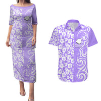 Custom Hawaii Kauai Island Couples Matching Puletasi Dress and Hawaiian Shirt Hibiscus Pattern Seamless Tribal Simple Purple LT03 Purple - Polynesian Pride