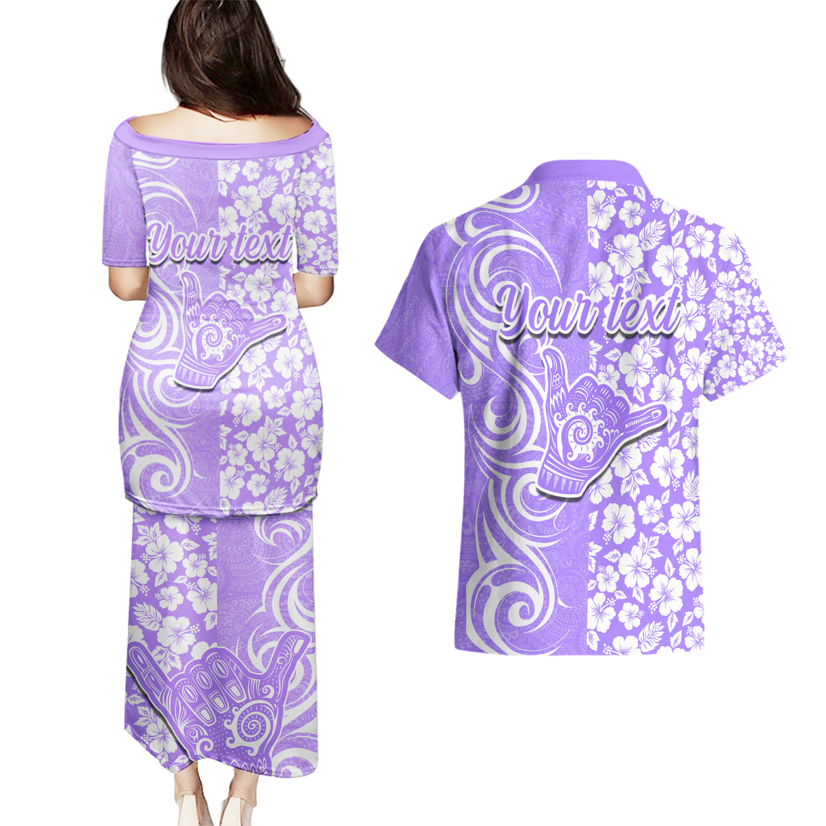 Custom Hawaii Kauai Island Couples Matching Puletasi Dress and Hawaiian Shirt Hibiscus Pattern Seamless Tribal Simple Purple LT03 - Polynesian Pride
