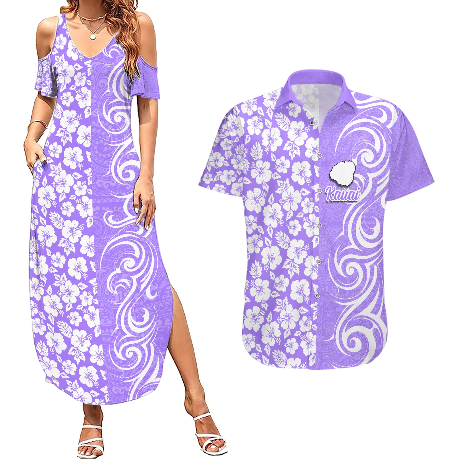 Custom Hawaii Kauai Island Couples Matching Summer Maxi Dress and Hawaiian Shirt Hibiscus Pattern Seamless Tribal Simple Purple LT03 Purple - Polynesian Pride