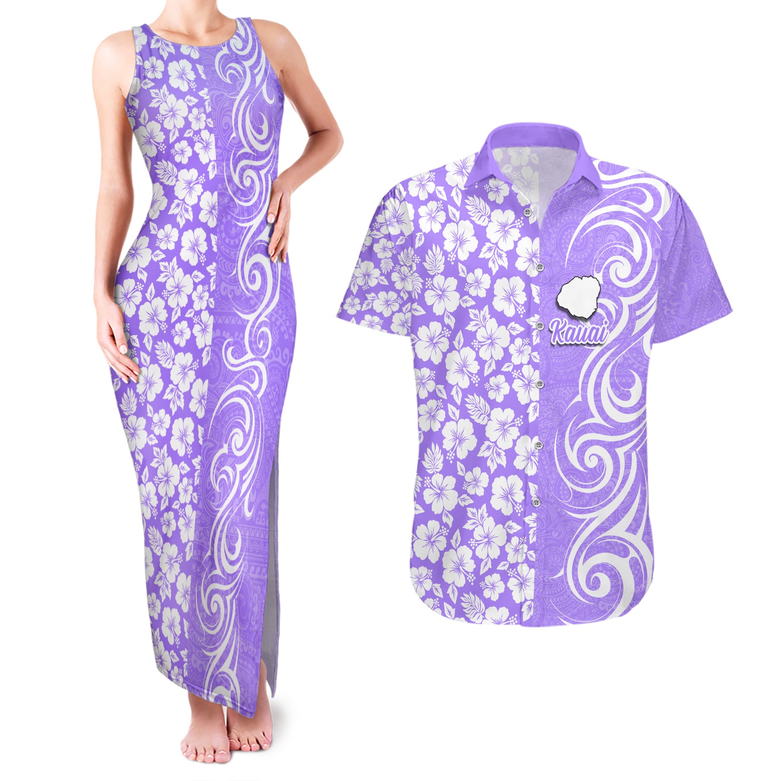 Custom Hawaii Kauai Island Couples Matching Tank Maxi Dress and Hawaiian Shirt Hibiscus Pattern Seamless Tribal Simple Purple LT03 Purple - Polynesian Pride