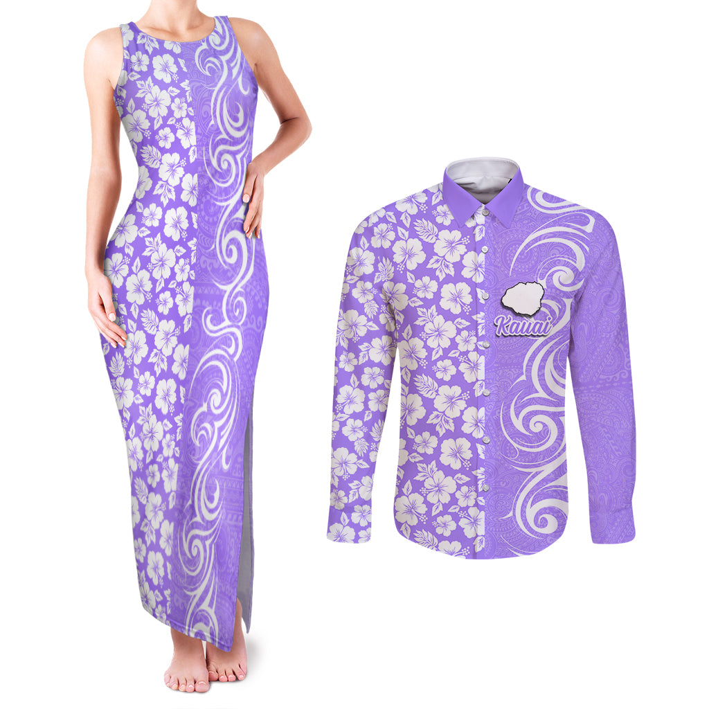 Custom Hawaii Kauai Island Couples Matching Tank Maxi Dress and Long Sleeve Button Shirts Hibiscus Pattern Seamless Tribal Simple Purple LT03 Purple - Polynesian Pride
