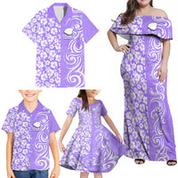 Custom Hawaii Kauai Island Family Matching Off Shoulder Maxi Dress and Hawaiian Shirt Hibiscus Pattern Seamless Tribal Simple Purple LT03 - Polynesian Pride