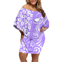 Custom Hawaii Kauai Island Family Matching Off Shoulder Short Dress and Hawaiian Shirt Hibiscus Pattern Seamless Tribal Simple Purple LT03 Mom's Dress Purple - Polynesian Pride