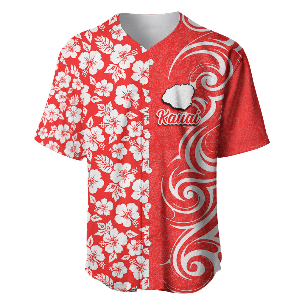Hawaii Kauai Island Baseball Jersey Hibiscus Pattern Seamless Tribal Simple Red LT03 Red - Polynesian Pride