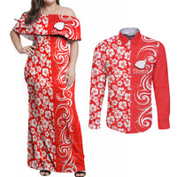 Hawaii Kauai Island Couples Matching Off Shoulder Maxi Dress and Long Sleeve Button Shirts Hibiscus Pattern Seamless Tribal Simple Red LT03 Red - Polynesian Pride