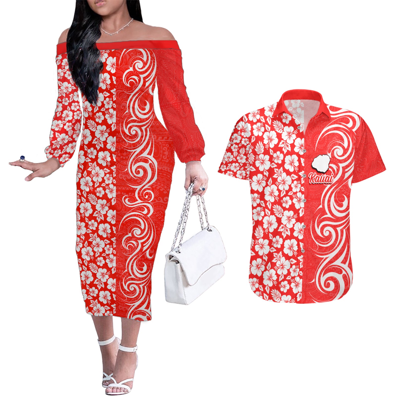 Hawaii Kauai Island Couples Matching Off The Shoulder Long Sleeve Dress and Hawaiian Shirt Hibiscus Pattern Seamless Tribal Simple Red LT03 Red - Polynesian Pride