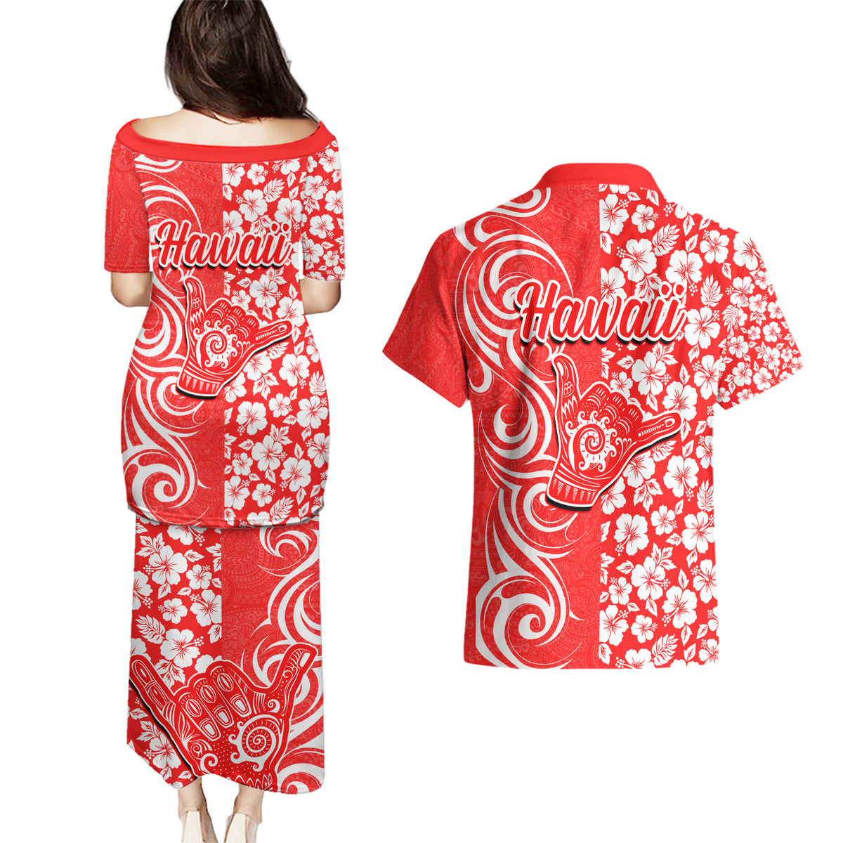 Hawaii Kauai Island Couples Matching Puletasi Dress and Hawaiian Shirt Hibiscus Pattern Seamless Tribal Simple Red LT03 - Polynesian Pride