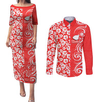 Hawaii Kauai Island Couples Matching Puletasi Dress and Long Sleeve Button Shirts Hibiscus Pattern Seamless Tribal Simple Red LT03 Red - Polynesian Pride