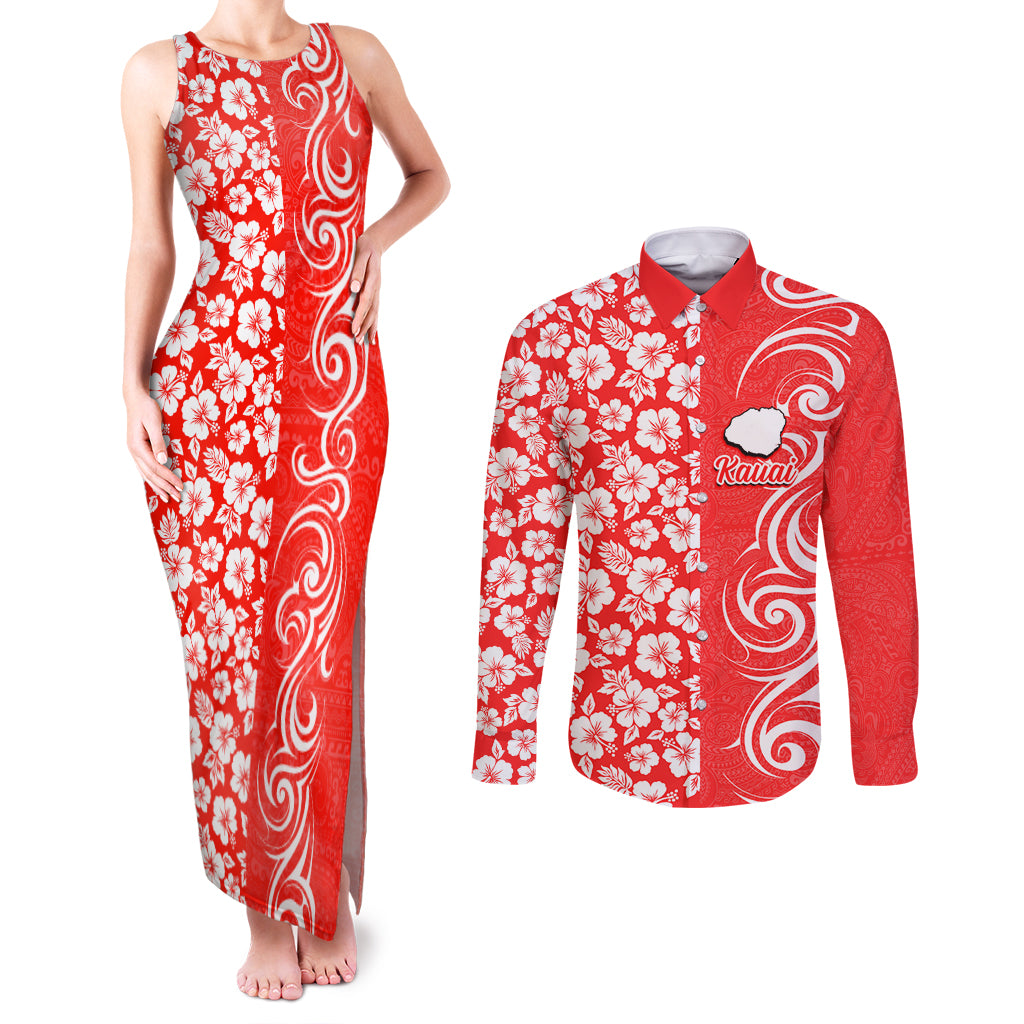 Hawaii Kauai Island Couples Matching Tank Maxi Dress and Long Sleeve Button Shirts Hibiscus Pattern Seamless Tribal Simple Red LT03 Red - Polynesian Pride