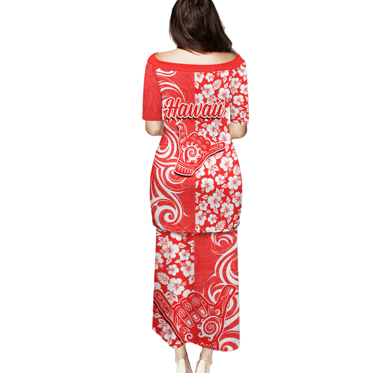 Hawaii Kauai Island Family Matching Puletasi Dress and Hawaiian Shirt Hibiscus Pattern Seamless Tribal Simple Red LT03 - Polynesian Pride