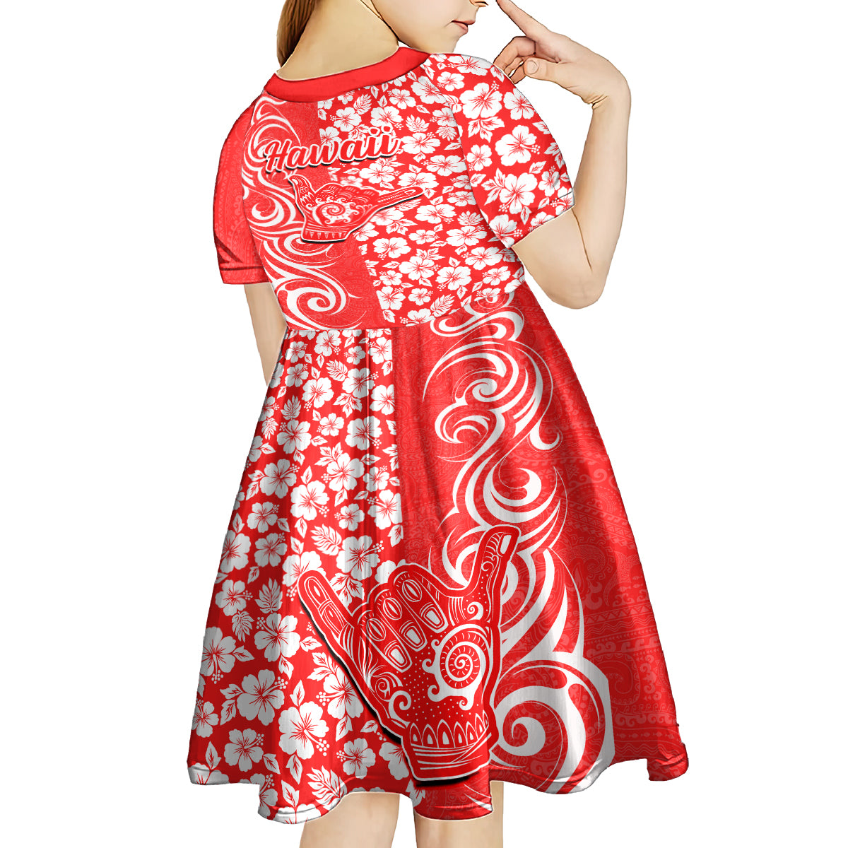Hawaii Kauai Island Kid Short Sleeve Dress Hibiscus Pattern Seamless Tribal Simple Red LT03 - Polynesian Pride
