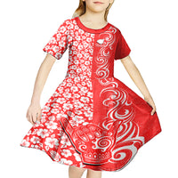Hawaii Kauai Island Kid Short Sleeve Dress Hibiscus Pattern Seamless Tribal Simple Red LT03 - Polynesian Pride