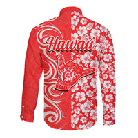 Hawaii Kauai Island Long Sleeve Button Shirt Hibiscus Pattern Seamless Tribal Simple Red LT03 - Polynesian Pride