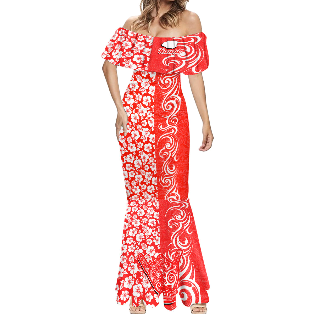 Hawaii Kauai Island Mermaid Dress Hibiscus Pattern Seamless Tribal Simple Red LT03 - Polynesian Pride