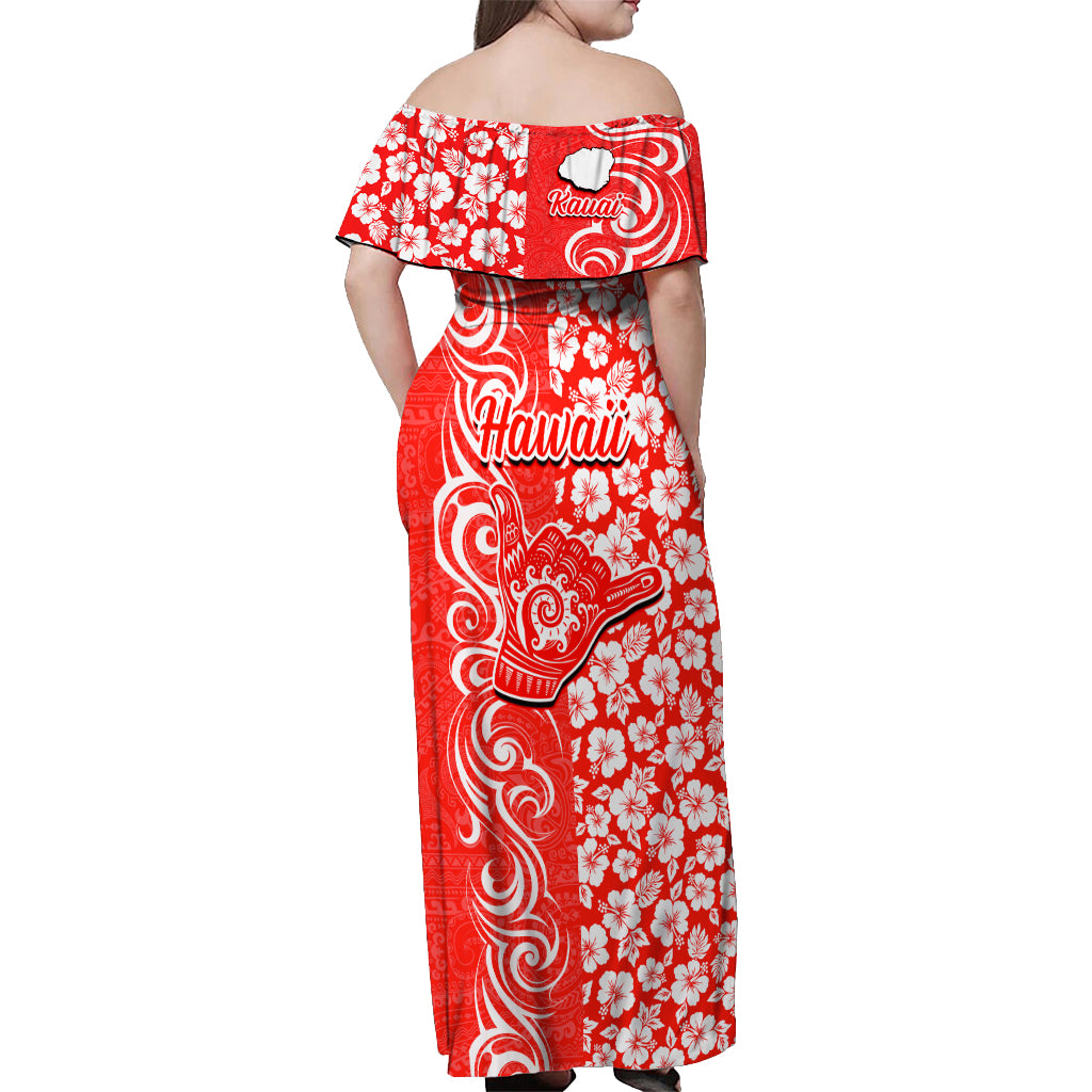 Hawaii Kauai Island Off Shoulder Maxi Dress Hibiscus Pattern Seamless Tribal Simple Red LT03 - Polynesian Pride