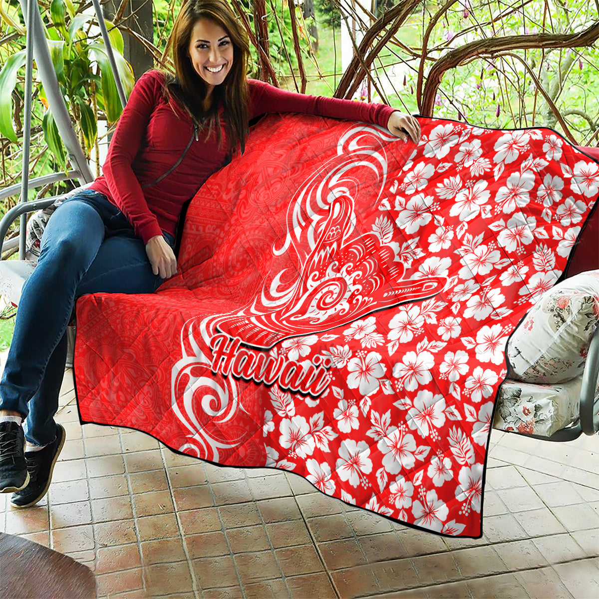 Hawaii Kauai Island Quilt Hibiscus Pattern Seamless Tribal Simple Red LT03 - Polynesian Pride