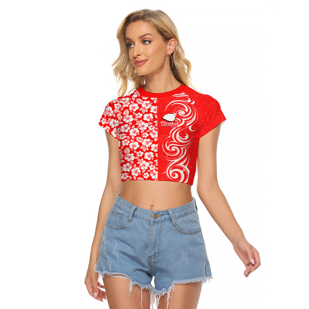 Hawaii Kauai Island Raglan Cropped T Shirt Hibiscus Pattern Seamless Tribal Simple Red LT03 Female Red - Polynesian Pride