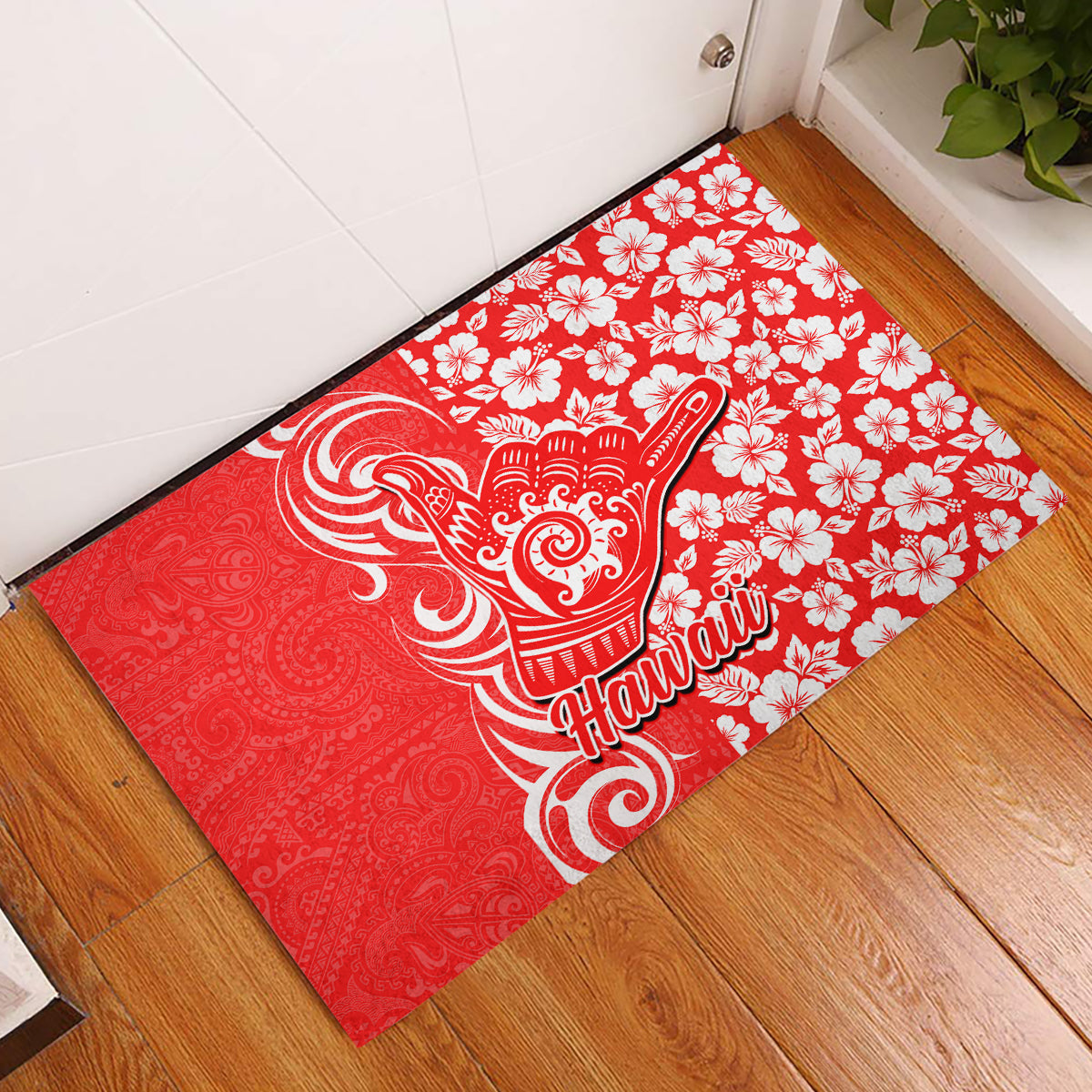 Hawaii Kauai Island Rubber Doormat Hibiscus Pattern Seamless Tribal Simple Red LT03 Red - Polynesian Pride