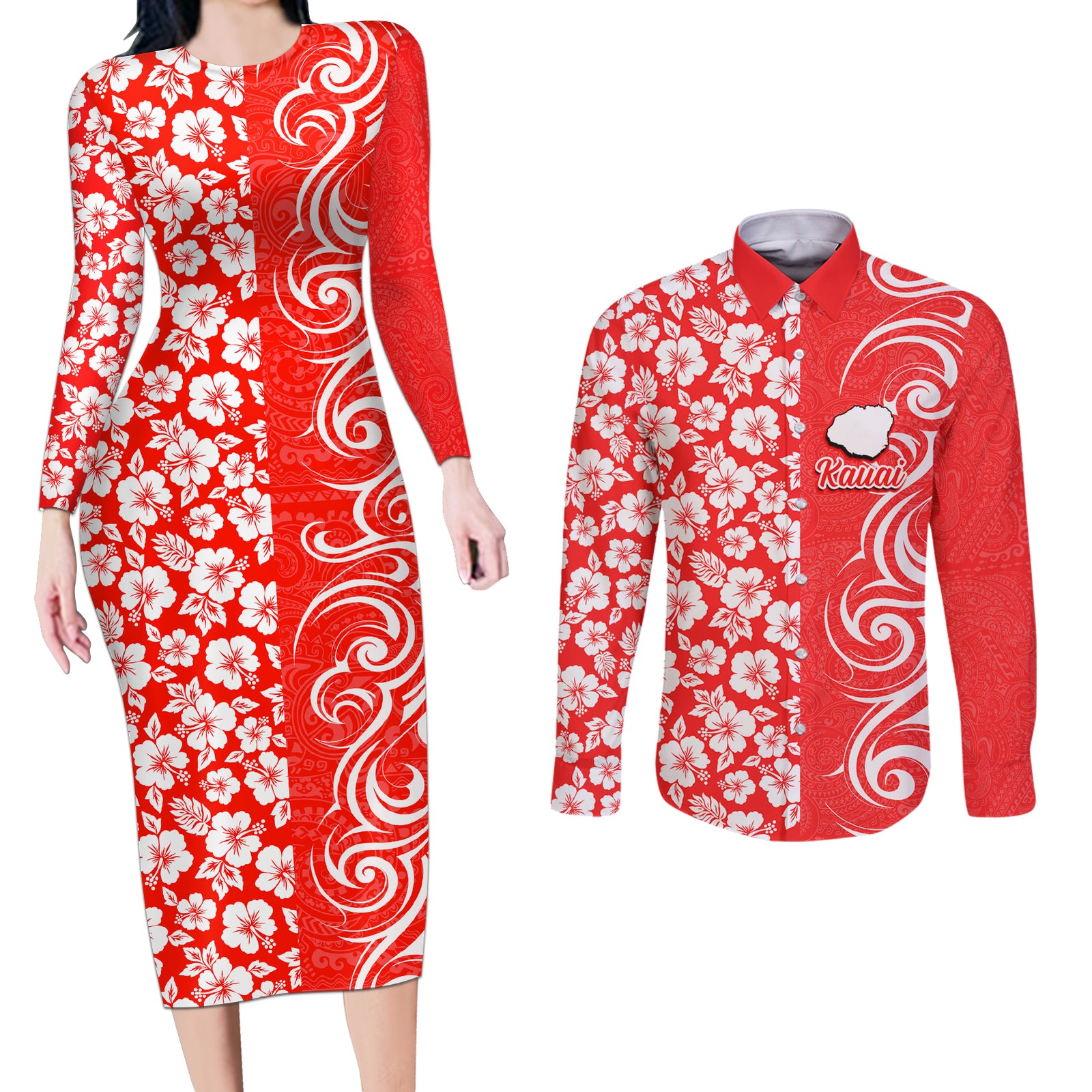 Custom Hawaii Kauai Island Couples Matching Long Sleeve Bodycon Dress and Long Sleeve Button Shirts Hibiscus Pattern Seamless Tribal Simple Red LT03 Red - Polynesian Pride