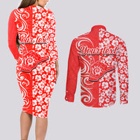 Custom Hawaii Kauai Island Couples Matching Long Sleeve Bodycon Dress and Long Sleeve Button Shirts Hibiscus Pattern Seamless Tribal Simple Red LT03 - Polynesian Pride