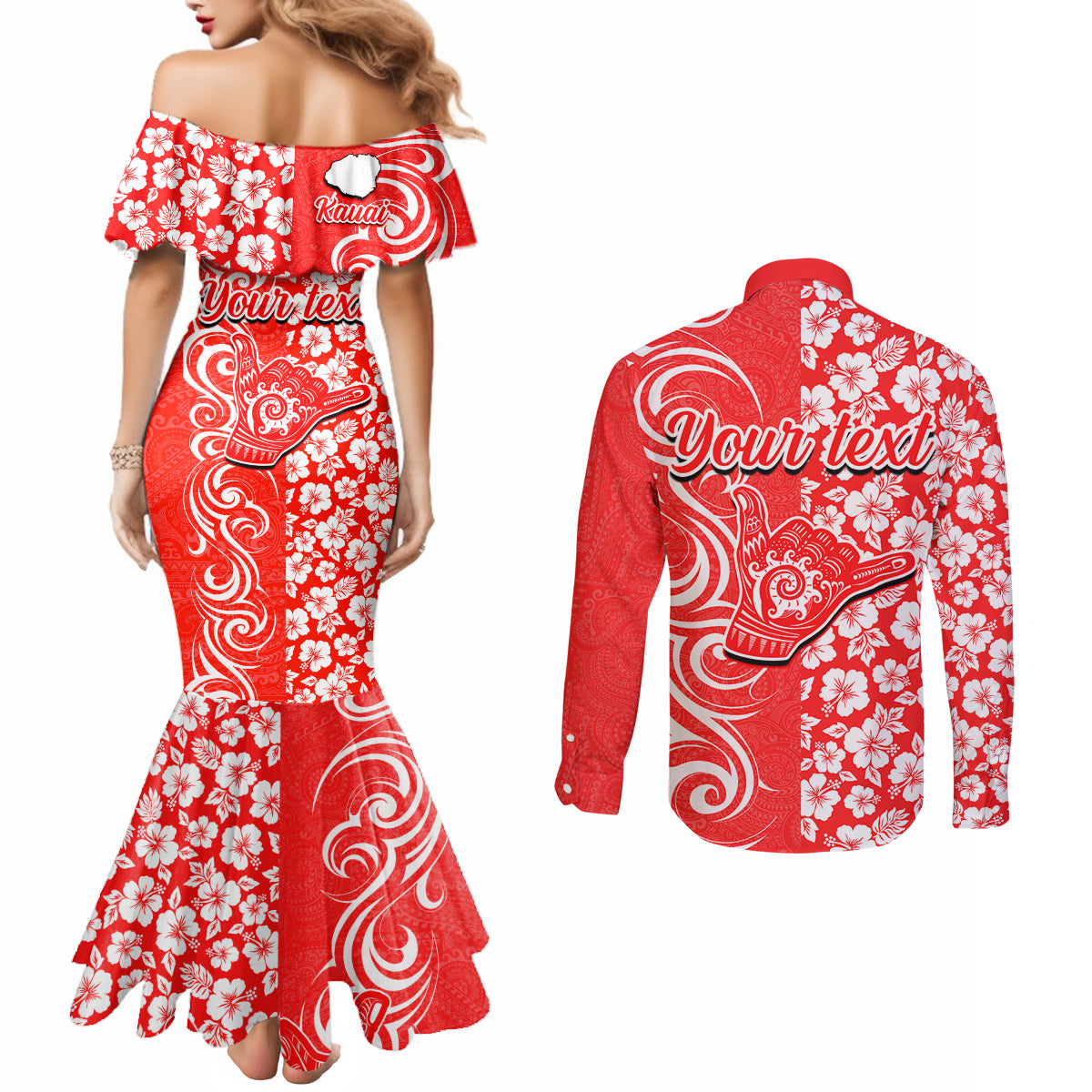 Custom Hawaii Kauai Island Couples Matching Mermaid Dress and Long Sleeve Button Shirts Hibiscus Pattern Seamless Tribal Simple Red LT03 - Polynesian Pride