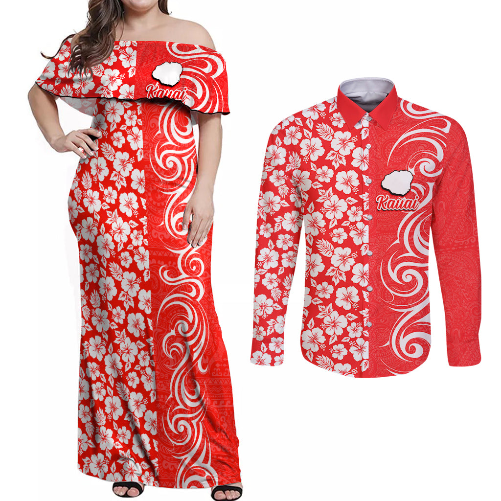 Custom Hawaii Kauai Island Couples Matching Off Shoulder Maxi Dress and Long Sleeve Button Shirts Hibiscus Pattern Seamless Tribal Simple Red LT03 Red - Polynesian Pride