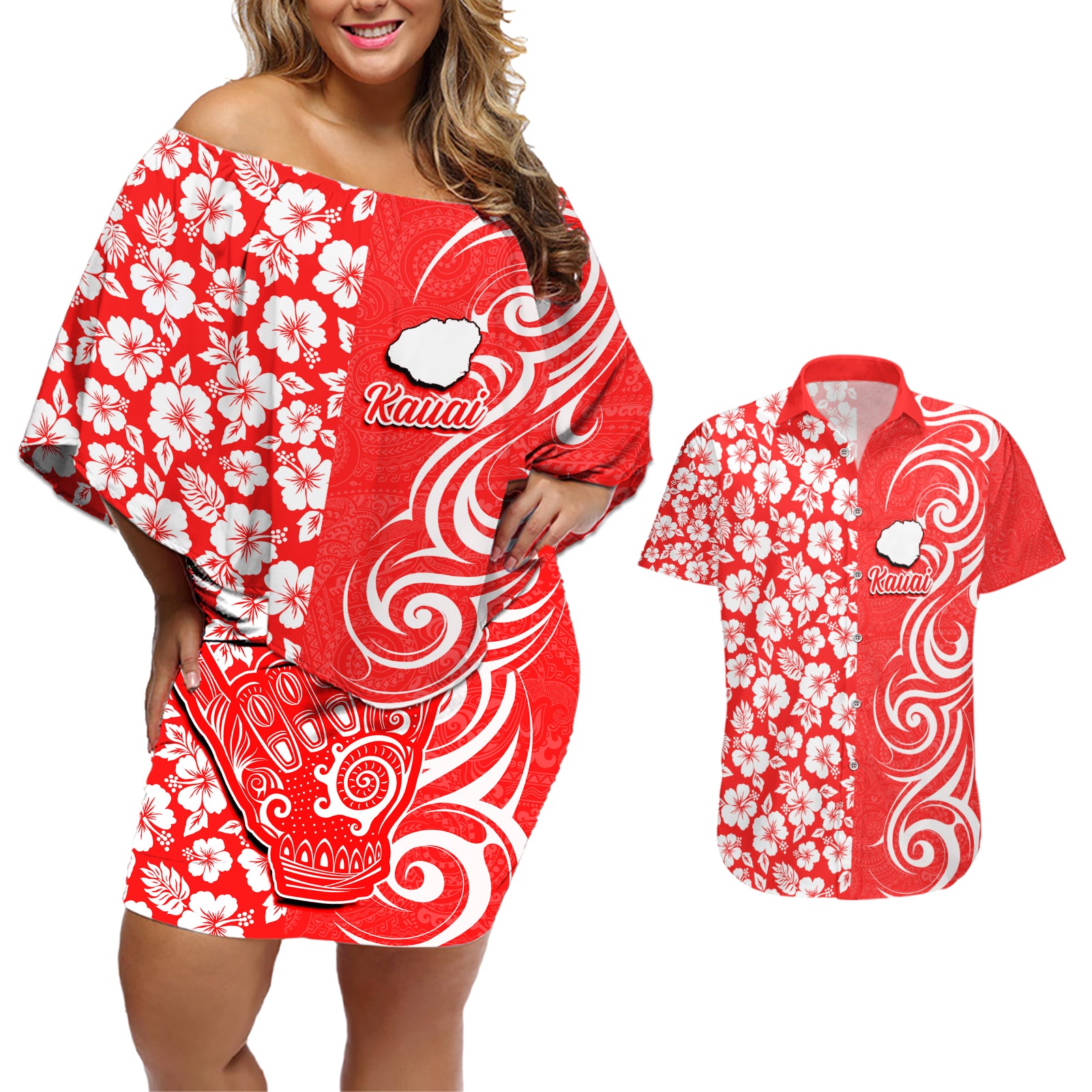 Custom Hawaii Kauai Island Couples Matching Off Shoulder Short Dress and Hawaiian Shirt Hibiscus Pattern Seamless Tribal Simple Red LT03 Red - Polynesian Pride