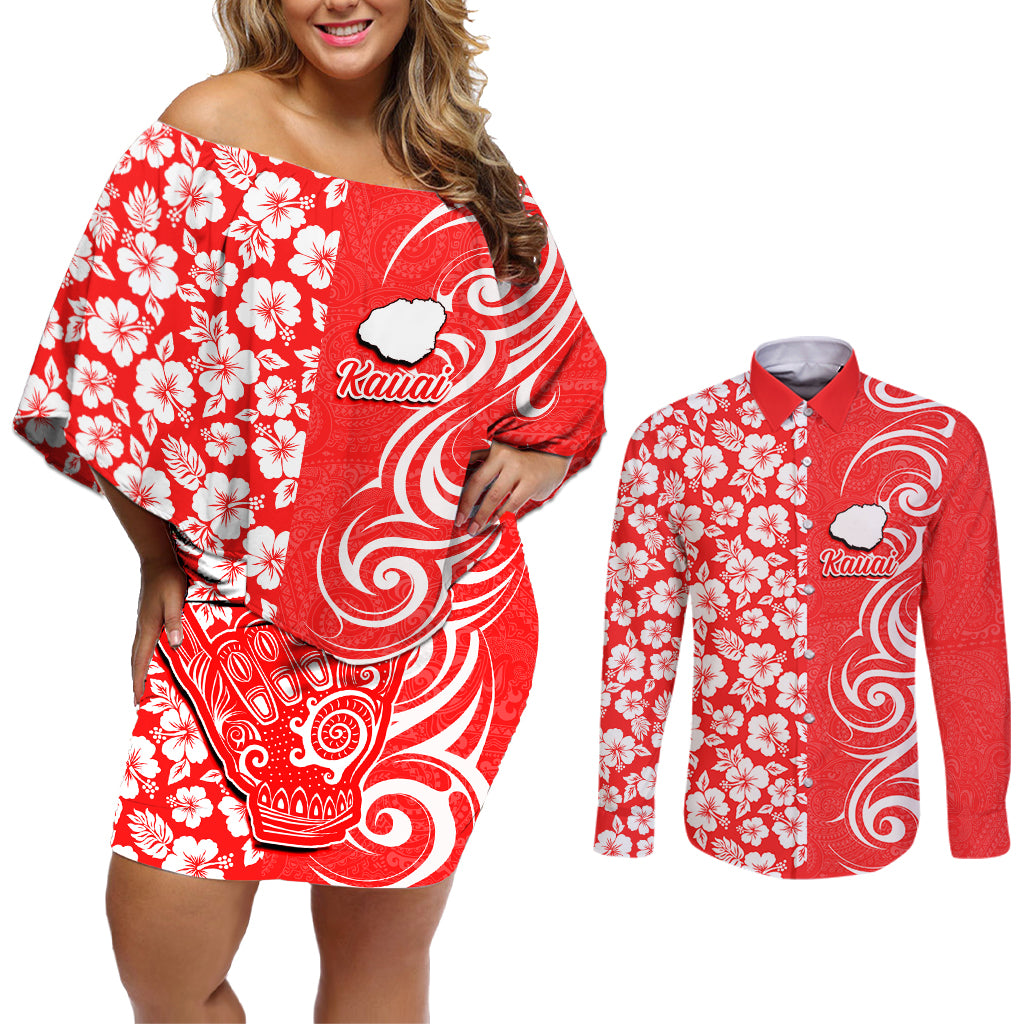 Custom Hawaii Kauai Island Couples Matching Off Shoulder Short Dress and Long Sleeve Button Shirts Hibiscus Pattern Seamless Tribal Simple Red LT03 Red - Polynesian Pride