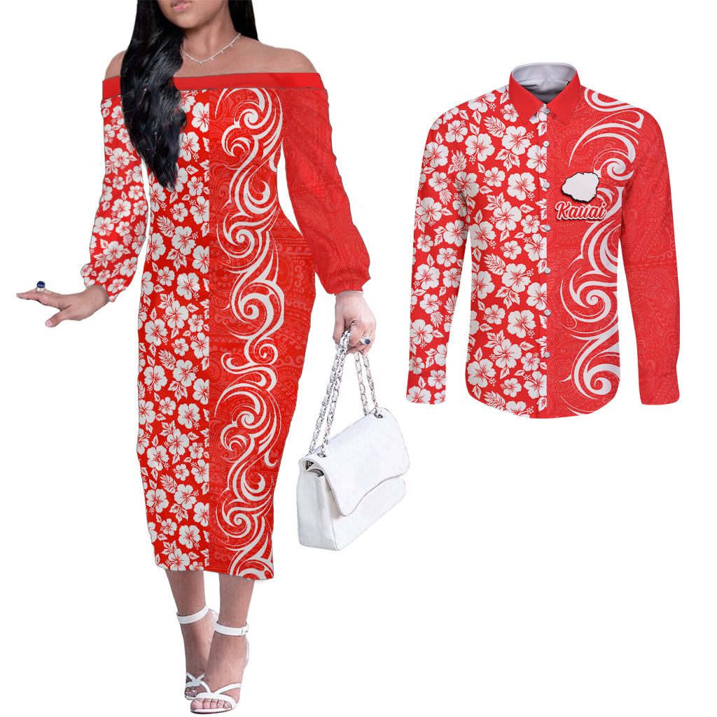 Custom Hawaii Kauai Island Couples Matching Off The Shoulder Long Sleeve Dress and Long Sleeve Button Shirts Hibiscus Pattern Seamless Tribal Simple Red LT03 Red - Polynesian Pride