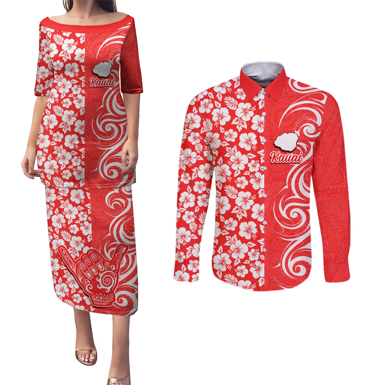 Custom Hawaii Kauai Island Couples Matching Puletasi Dress and Long Sleeve Button Shirts Hibiscus Pattern Seamless Tribal Simple Red LT03 Red - Polynesian Pride