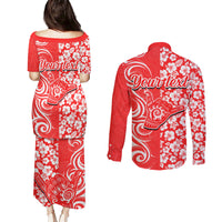 Custom Hawaii Kauai Island Couples Matching Puletasi Dress and Long Sleeve Button Shirts Hibiscus Pattern Seamless Tribal Simple Red LT03 - Polynesian Pride