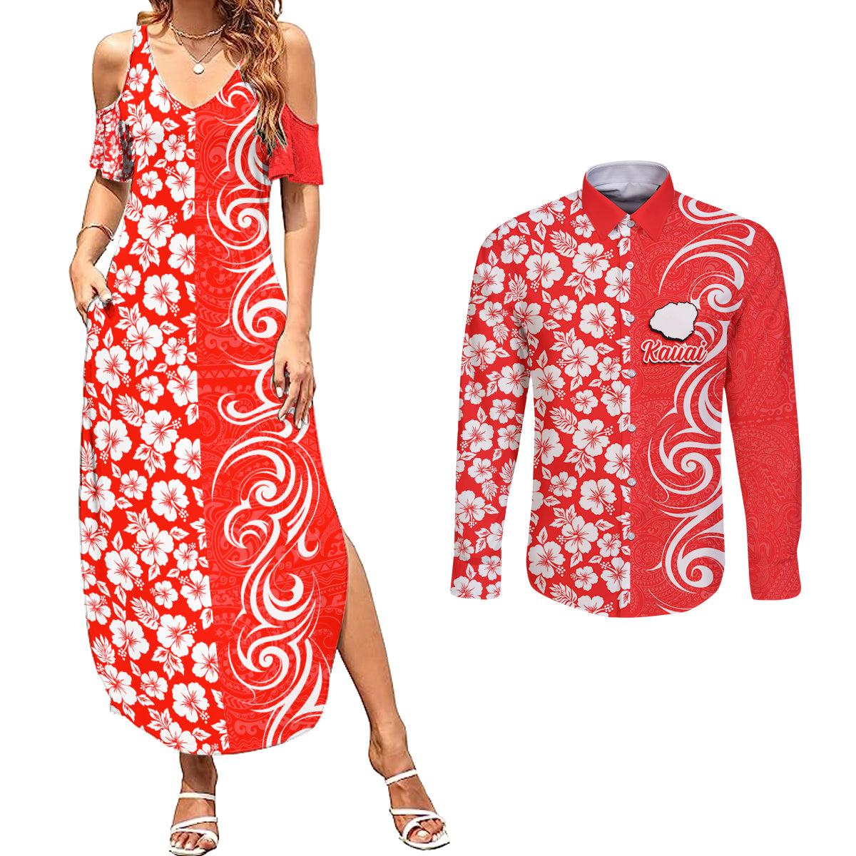 Custom Hawaii Kauai Island Couples Matching Summer Maxi Dress and Long Sleeve Button Shirts Hibiscus Pattern Seamless Tribal Simple Red LT03 Red - Polynesian Pride
