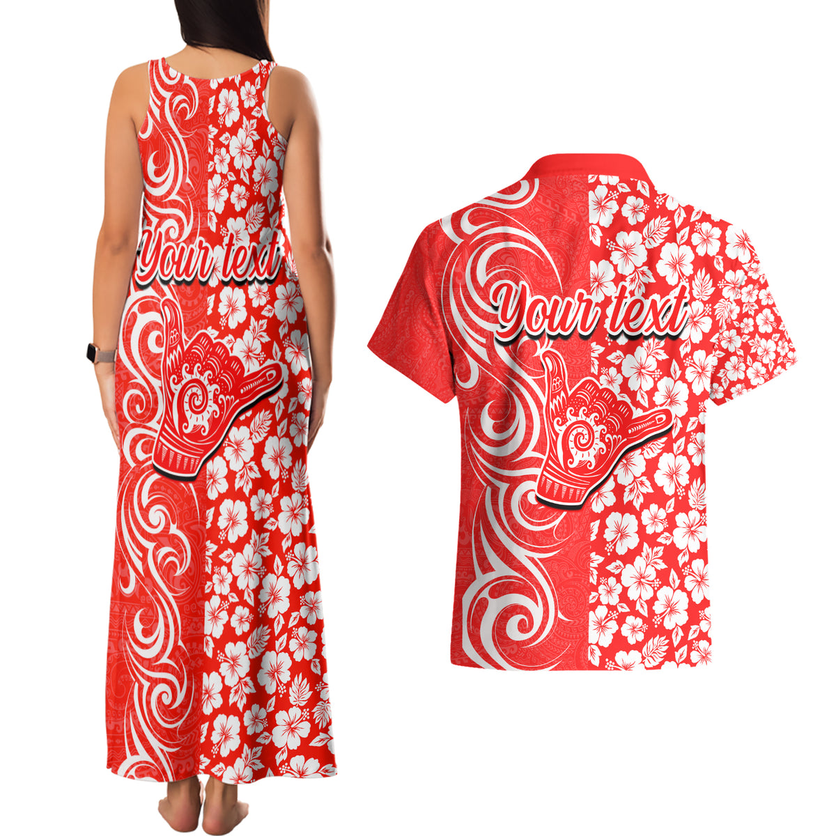 Custom Hawaii Kauai Island Couples Matching Tank Maxi Dress and Hawaiian Shirt Hibiscus Pattern Seamless Tribal Simple Red LT03 - Polynesian Pride