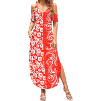 Custom Hawaii Kauai Island Family Matching Summer Maxi Dress and Hawaiian Shirt Hibiscus Pattern Seamless Tribal Simple Red LT03 Mom's Dress Red - Polynesian Pride