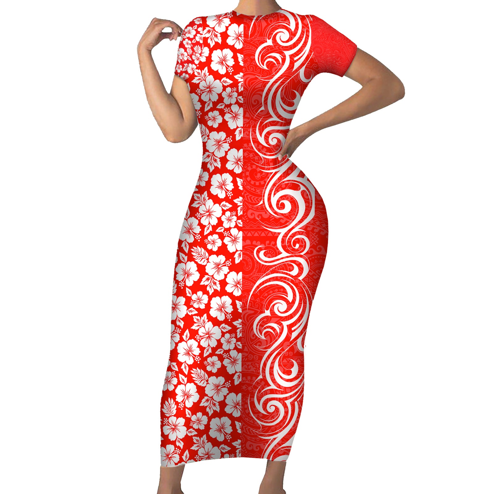 Custom Hawaii Kauai Island Short Sleeve Bodycon Dress Hibiscus Pattern Seamless Tribal Simple Red LT03 Long Dress Red - Polynesian Pride