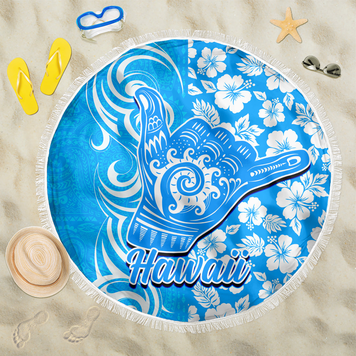 Hawaii Kauai Island Beach Blanket Hibiscus Pattern Seamless Tribal Simple Blue LT03 One Size 150cm Blue - Wonder Print Shop