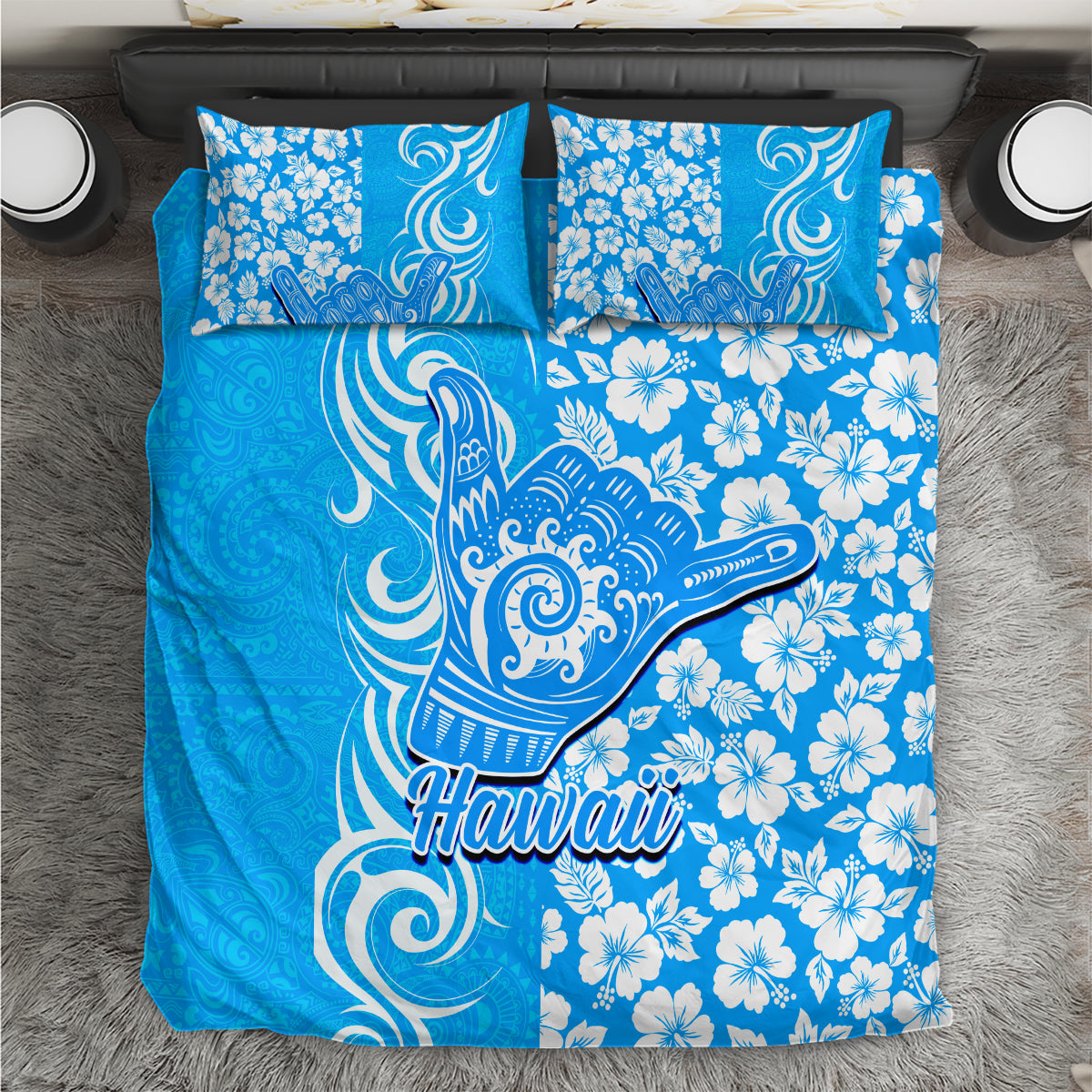 Hawaii Kauai Island Bedding Set Hibiscus Pattern Seamless Tribal Simple Blue LT03 Blue - Polynesian Pride