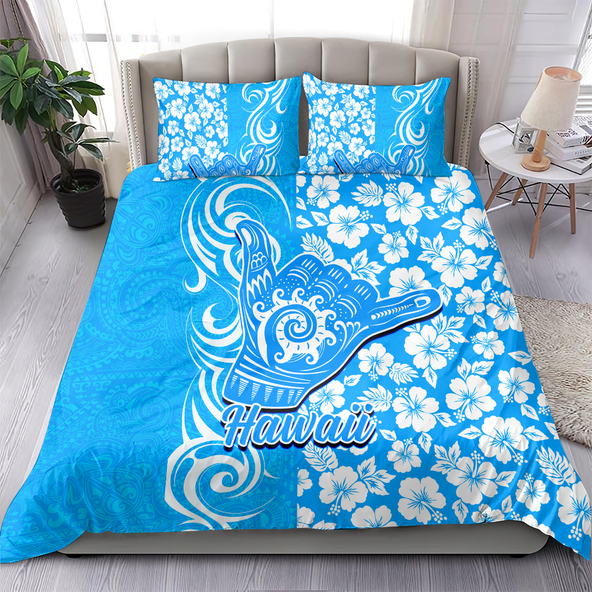 Hawaii Kauai Island Bedding Set Hibiscus Pattern Seamless Tribal Simple Blue LT03 - Polynesian Pride