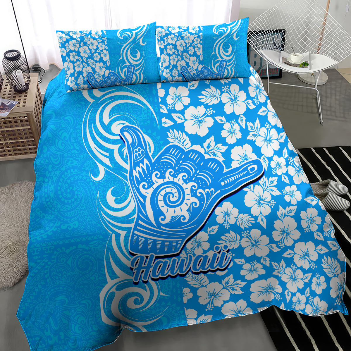 Hawaii Kauai Island Bedding Set Hibiscus Pattern Seamless Tribal Simple Blue LT03 - Polynesian Pride