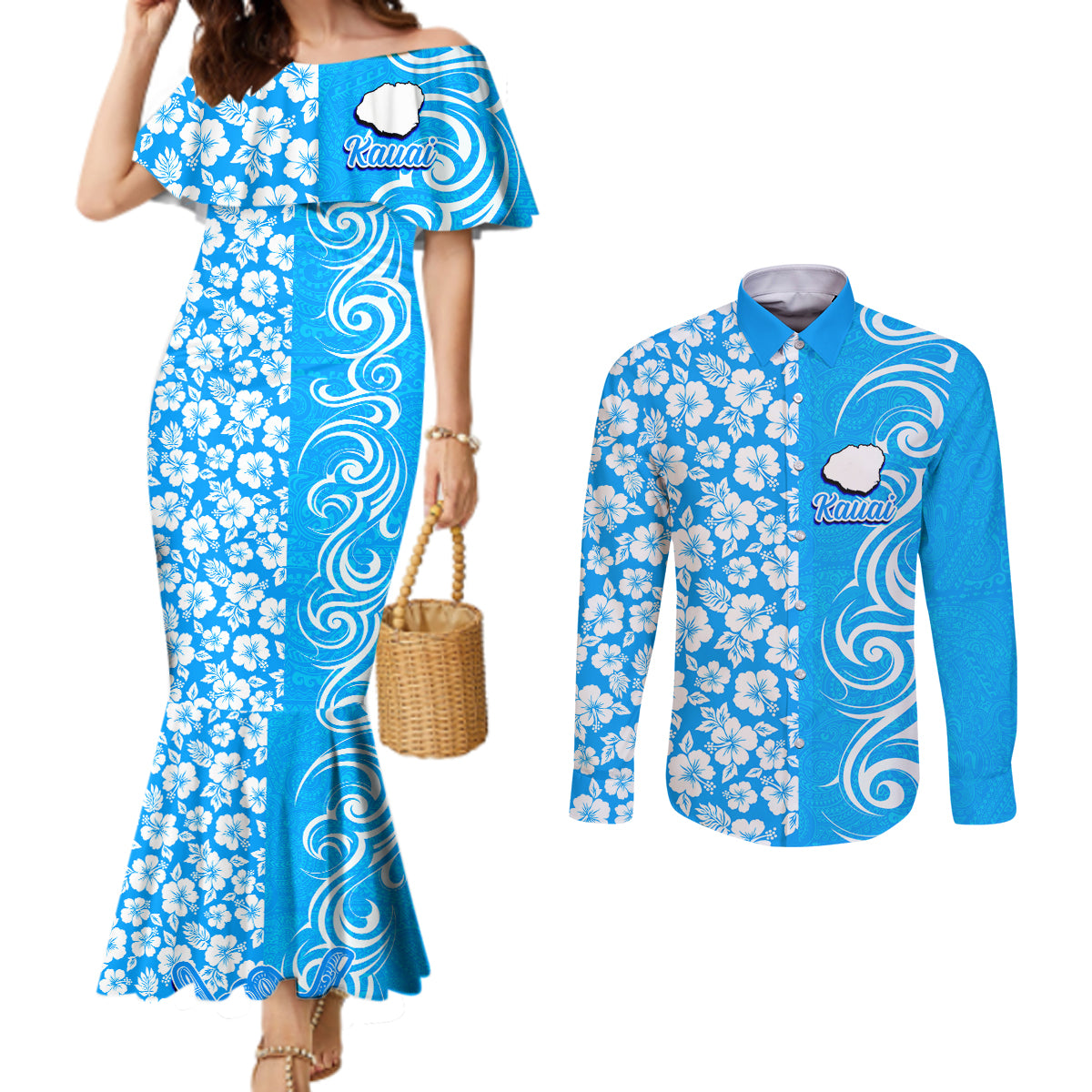Hawaii Kauai Island Couples Matching Mermaid Dress and Long Sleeve Button Shirts Hibiscus Pattern Seamless Tribal Simple Blue LT03 Blue - Polynesian Pride