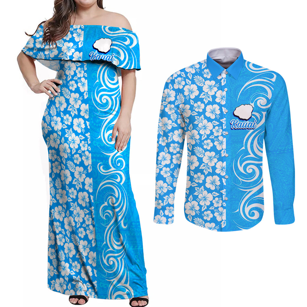 Hawaii Kauai Island Couples Matching Off Shoulder Maxi Dress and Long Sleeve Button Shirts Hibiscus Pattern Seamless Tribal Simple Blue LT03 Blue - Polynesian Pride