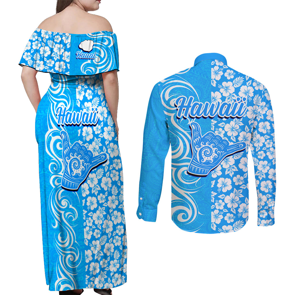 Hawaii Kauai Island Couples Matching Off Shoulder Maxi Dress and Long Sleeve Button Shirts Hibiscus Pattern Seamless Tribal Simple Blue LT03 - Polynesian Pride