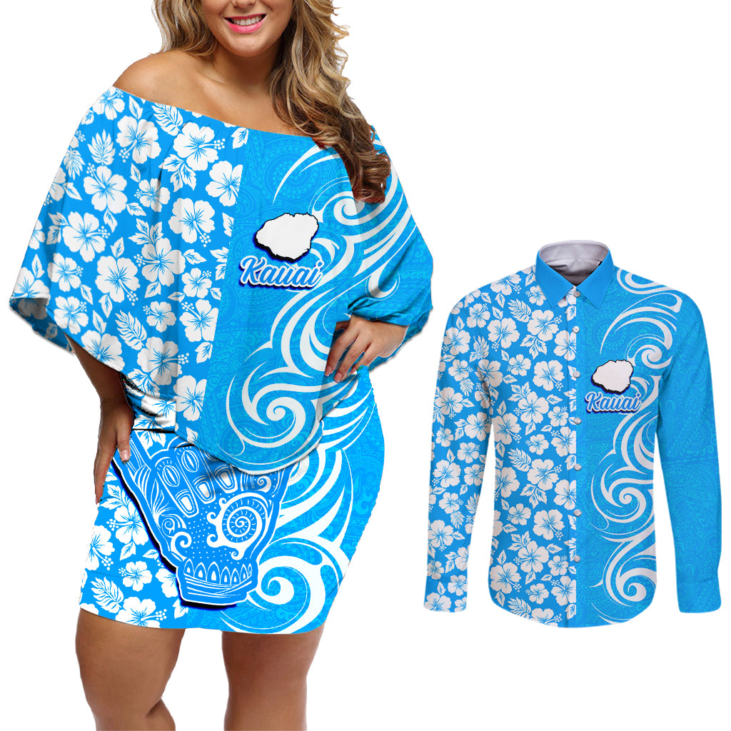 Hawaii Kauai Island Couples Matching Off Shoulder Short Dress and Long Sleeve Button Shirts Hibiscus Pattern Seamless Tribal Simple Blue LT03 Blue - Polynesian Pride