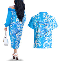 Hawaii Kauai Island Couples Matching Off The Shoulder Long Sleeve Dress and Hawaiian Shirt Hibiscus Pattern Seamless Tribal Simple Blue LT03 - Polynesian Pride