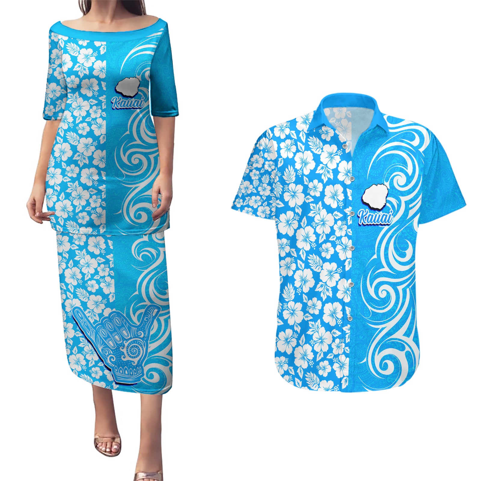Hawaii Kauai Island Couples Matching Puletasi Dress and Hawaiian Shirt Hibiscus Pattern Seamless Tribal Simple Blue LT03 Blue - Polynesian Pride