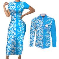 Hawaii Kauai Island Couples Matching Short Sleeve Bodycon Dress and Long Sleeve Button Shirts Hibiscus Pattern Seamless Tribal Simple Blue LT03 Blue - Polynesian Pride