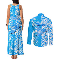 Hawaii Kauai Island Couples Matching Tank Maxi Dress and Long Sleeve Button Shirts Hibiscus Pattern Seamless Tribal Simple Blue LT03 - Polynesian Pride