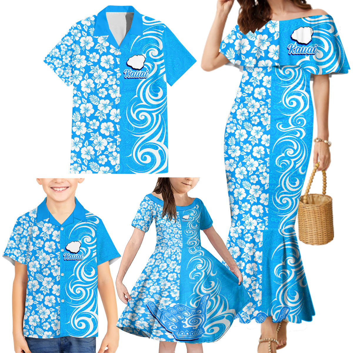 Hawaii Kauai Island Family Matching Mermaid Dress and Hawaiian Shirt Hibiscus Pattern Seamless Tribal Simple Blue LT03 - Polynesian Pride