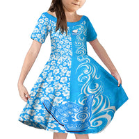 Hawaii Kauai Island Family Matching Short Sleeve Bodycon Dress and Hawaiian Shirt Hibiscus Pattern Seamless Tribal Simple Blue LT03 Daughter's Dress Blue - Polynesian Pride