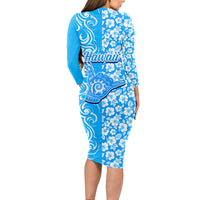 Hawaii Kauai Island Long Sleeve Bodycon Dress Hibiscus Pattern Seamless Tribal Simple Blue LT03 - Polynesian Pride